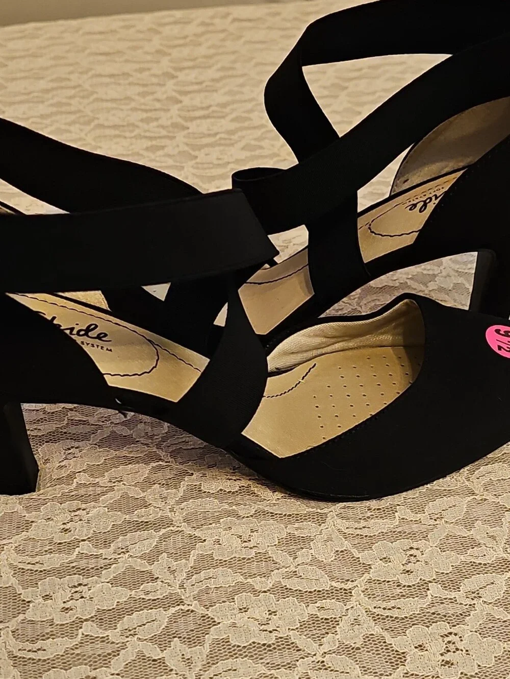 Life Stride Black Fabric Strappy Pointed Toe Slip On Kitten Heel 9.5